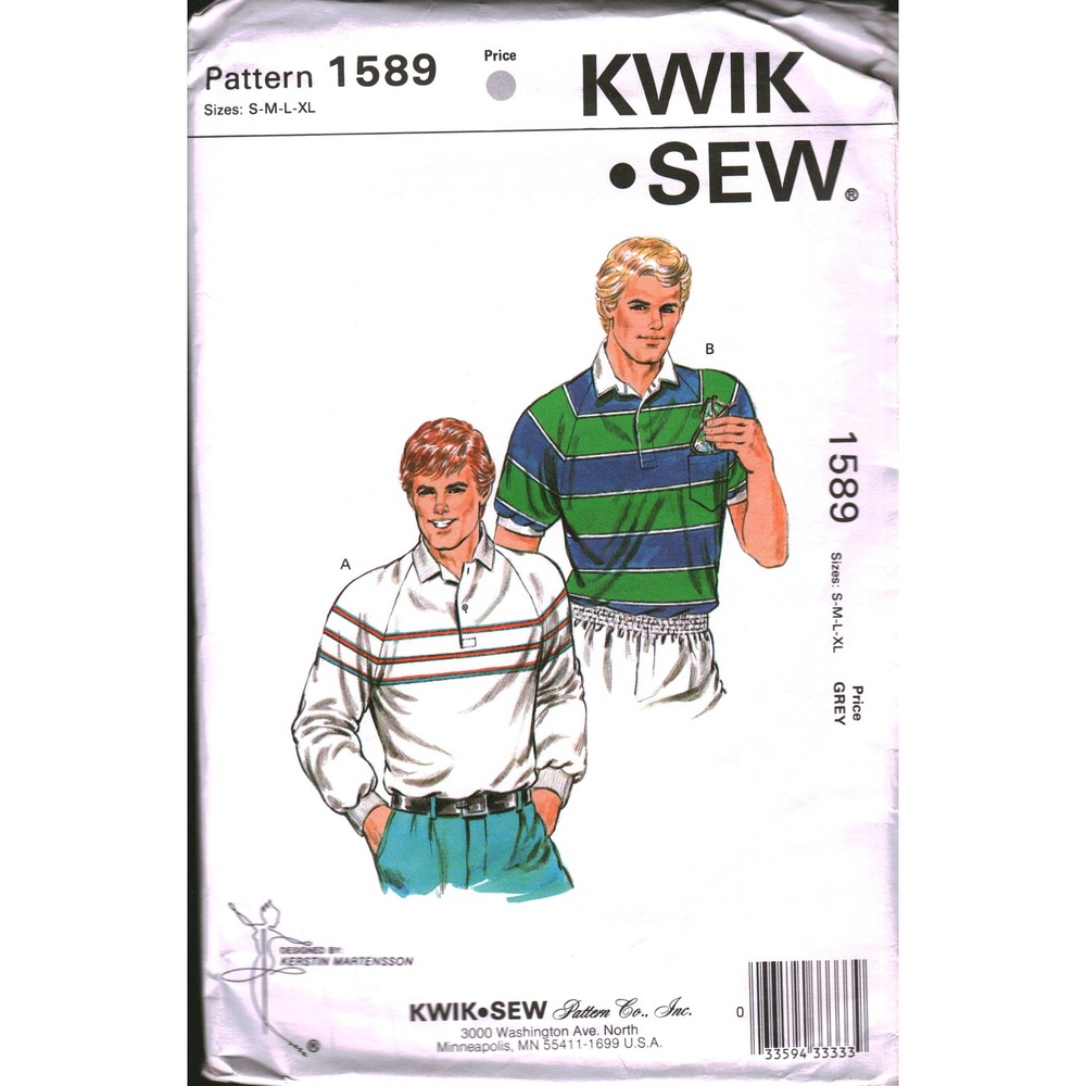 Kwik Sew 1589 Mens Raglan Sleeve Shirt Sewing Pattern Sizes S-L Vintage cut